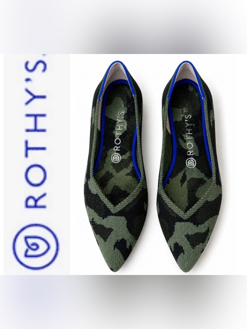 Rothy’s Pointed Toe Camo Flats Green Black Blue Trim Size 9 -EUC